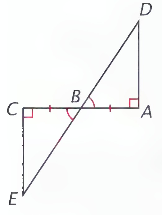 Two right triangles, CBE and ABD, meeting at B, with CB = BA and a right angle at C.