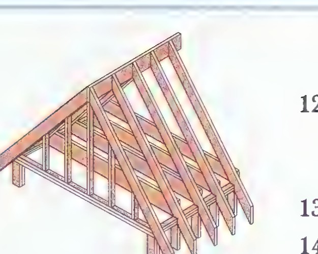 Photograph of an exposed wooden roof truss with a symmetrical gable design.