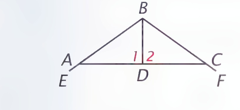 Side view of a roof: triangle ABC with rafter BD drawn to the midpoint D of the ceiling joist AC, and angles 1 and 2 marked at D.