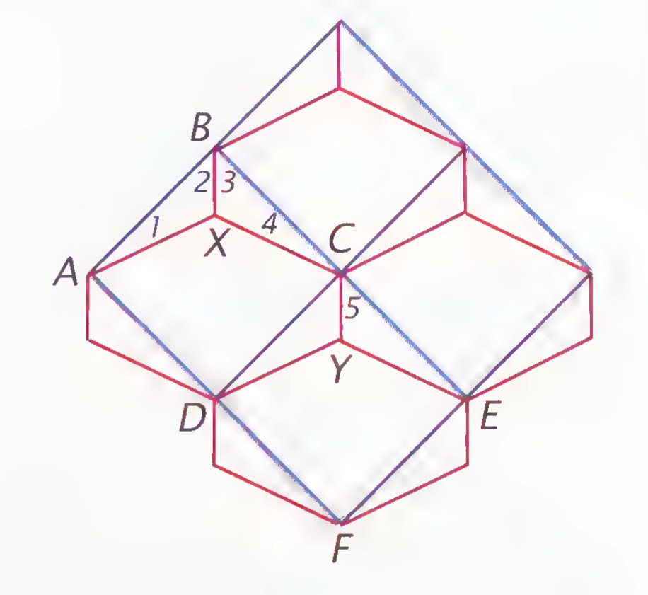 A pattern of red and blue line segments crossing to form triangles and hexagons, with a small boat-like figure.