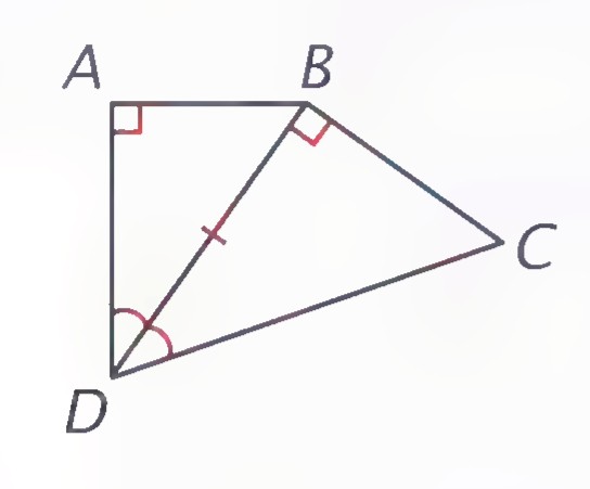 Quadrilateral ABCD with right angles marked at A and B, diagonals DB and BC, and equal parts marked.