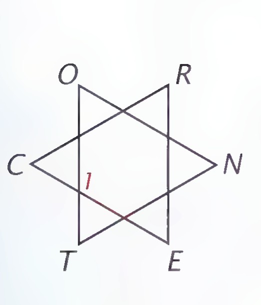 Two crossing triangles with vertices O, R, N, E and C, T, and angle 1 marked at the crossing.