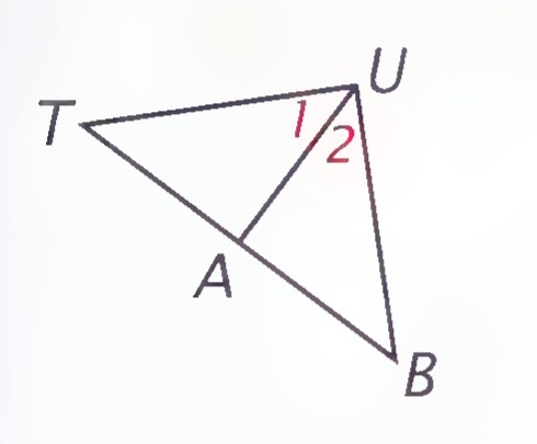 Triangle TUB with point A on TB and segments AU and AT drawn, angles 1 and 2 marked at U.