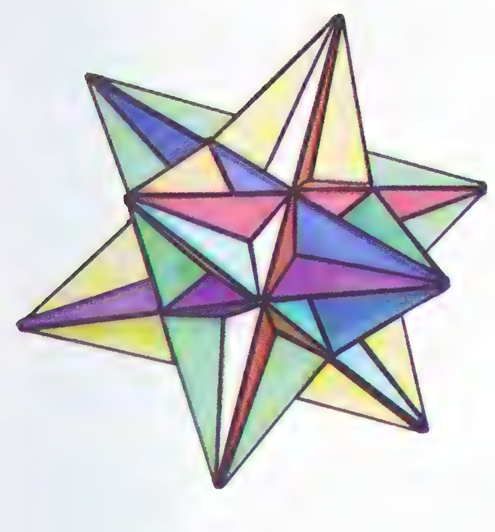 Photograph of a model of the great icosahedron, a star-shaped polyhedron made of many triangular points.