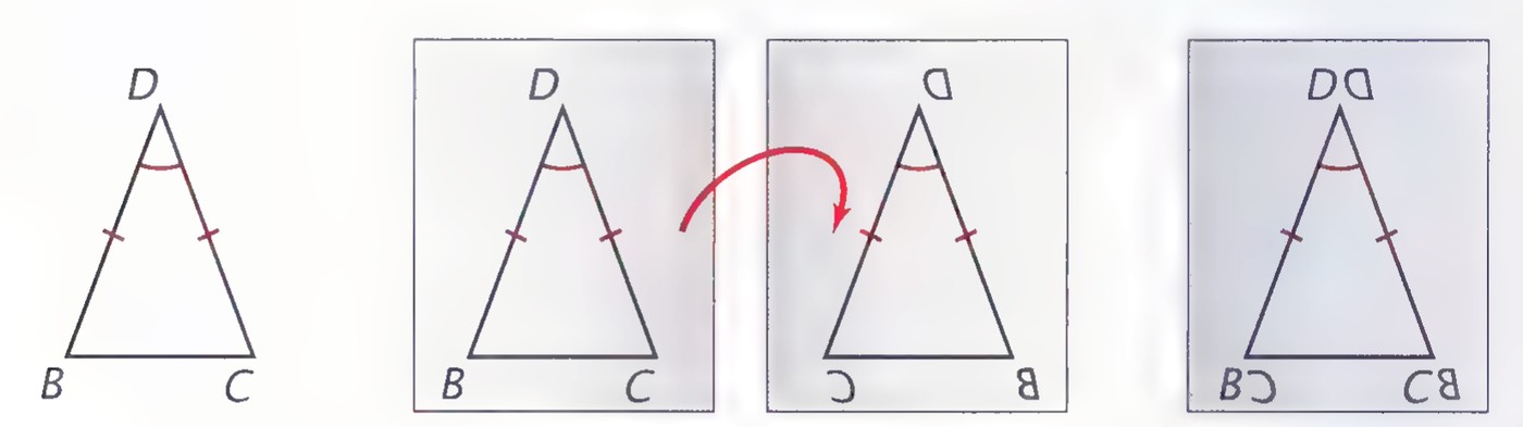 Four views of an isosceles triangle BCD: the triangle, the triangle with a tracing, the tracing flipped over, and the flipped triangle placed on the original.