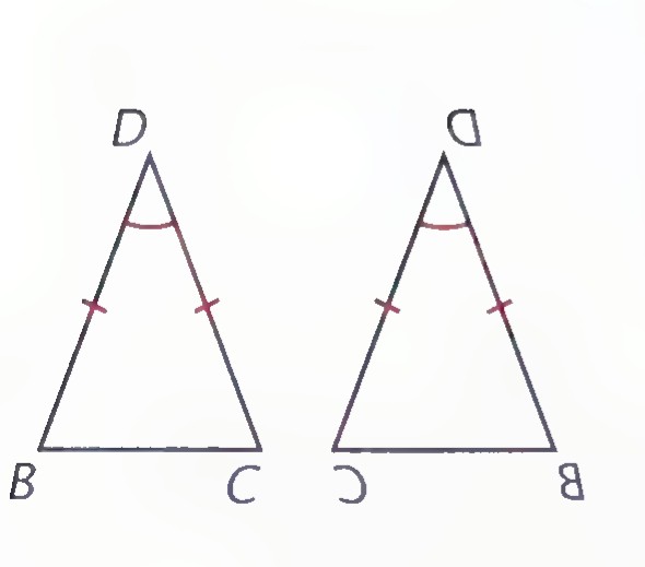 The isosceles triangle BCD and its flipped copy, with equal sides and angles marked.