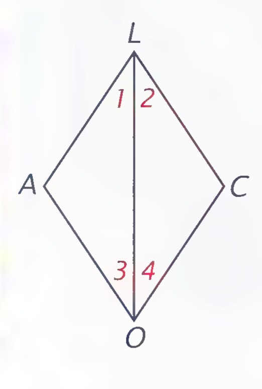 A diamond-shaped grid figure with vertices L, A, O, C and angles 1, 2, 3, 4 marked at the center.
