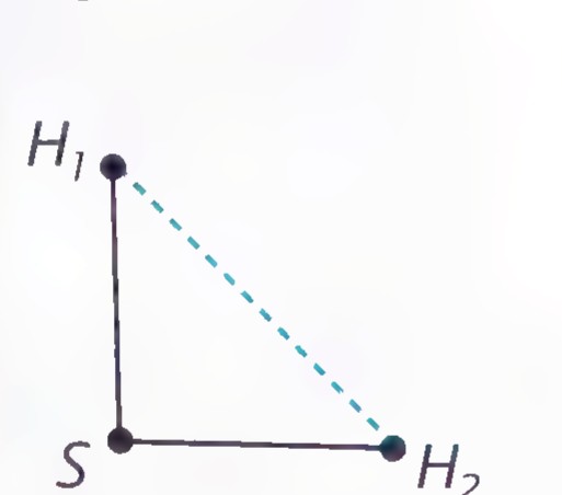 The hydrogen sulfide molecule drawn as an isosceles triangle with S at the vertex and H1 and H2 at the base, SH1 = SH2.