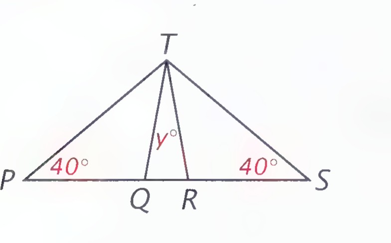 Triangle PRS with Q and R on side PS and point T above, segments TQ and TR drawn, 40° angles at P and S, and angle y at T.