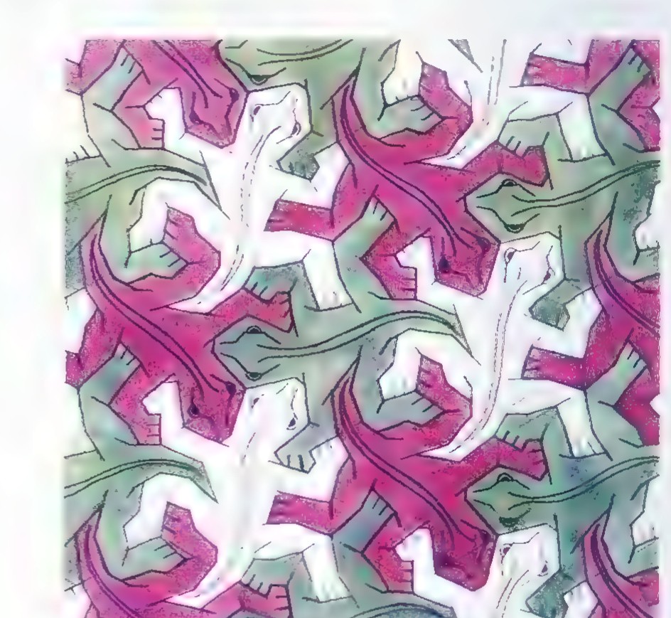 A drawing by Maurits Escher of interlocking lizards tiling the plane in green, brown, and white.