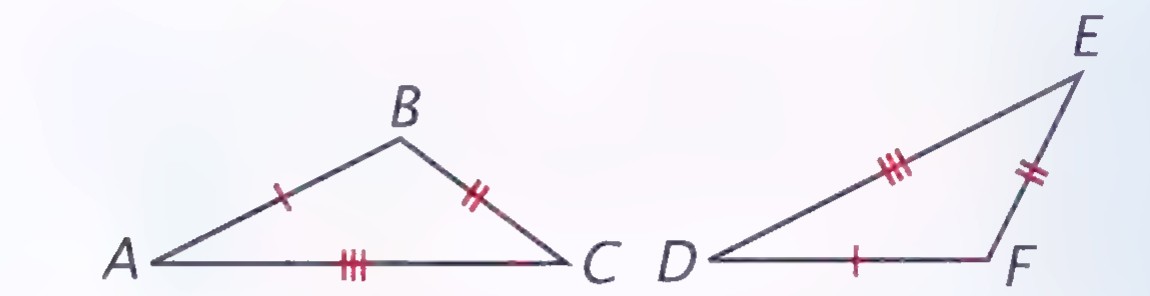 Two triangles, ABC and DEF, with matching tick marks showing AB = DF, BC = FE, and AC = DE.