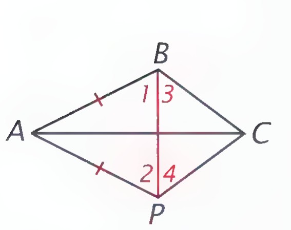 Quadrilateral ABPC made of two isosceles triangles sharing BP, with angles 1 and 3 above and 2 and 4 below.