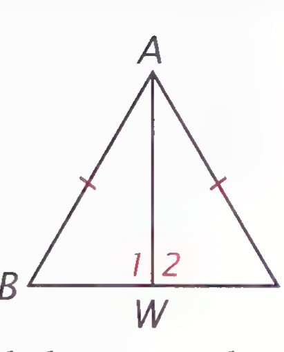 Isosceles triangle ABC with AW drawn from the vertex to the midpoint W of BC, angles 1 and 2 marked.