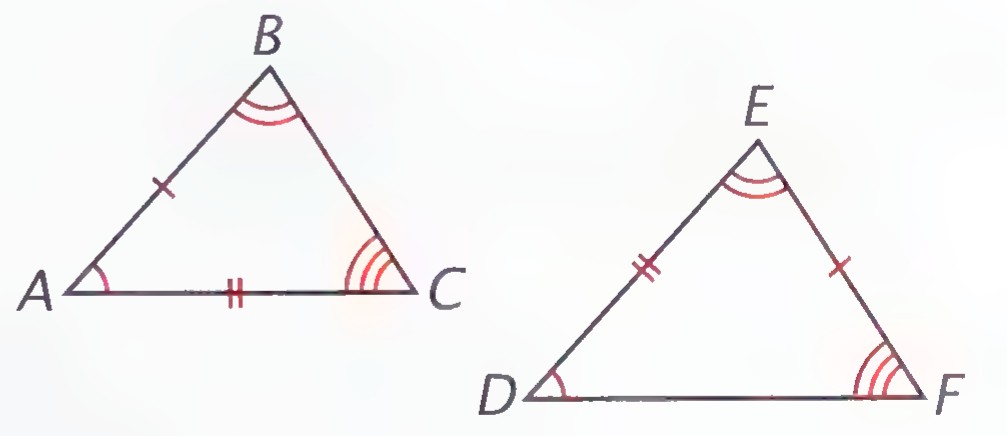 Two triangles, ABC and DEF, with several pairs of equal parts marked by ticks and arcs.
