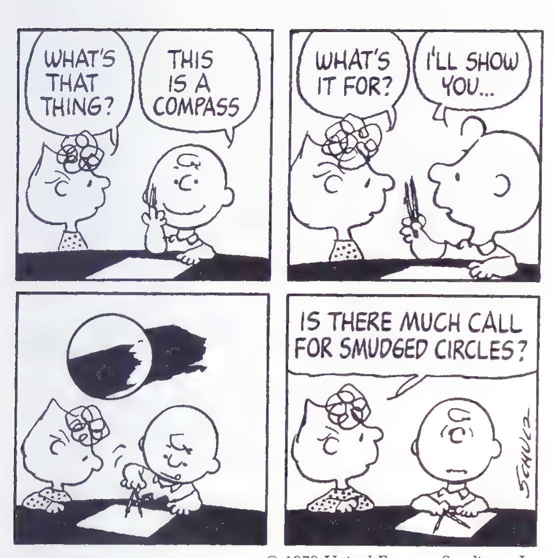 Peanuts comic strip titled “Is there much call for smudged circles?” in which Linus explains a geometry construction to Charlie Brown.