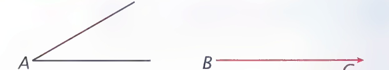 Angle A with points D and E on its sides marked by an arc, and ray BC with an arc drawn from B meeting it at F.