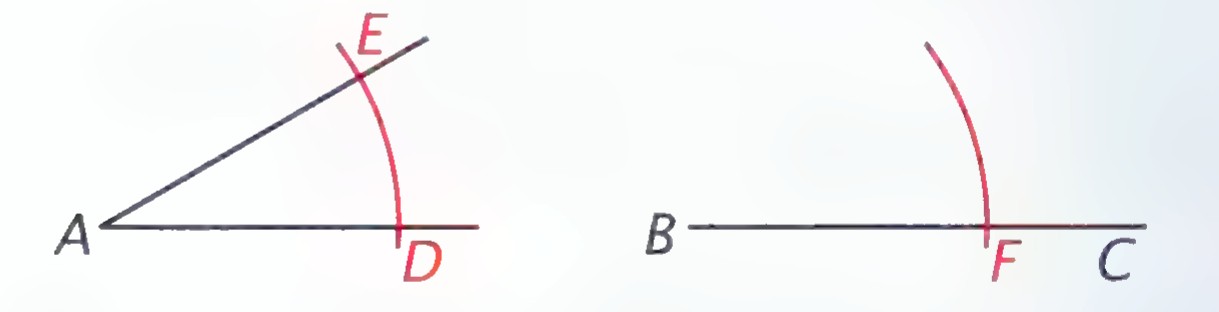 Two panels showing the same arc drawn at A and at B, the second meeting ray BC at F.