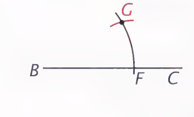 An arc drawn from F intersecting the arc through F at point G.