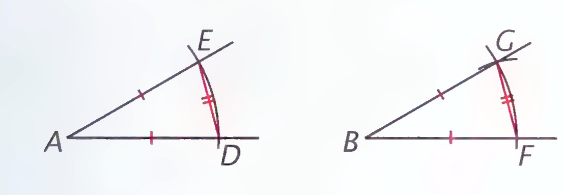 Triangles ADE and BFG with DE = FG, AD = BF, and AE = BG marked.