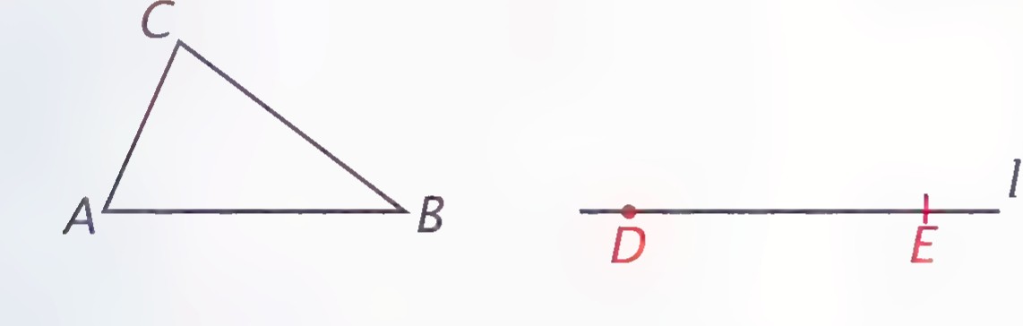 Triangle ABC and, at the right, a line l with segment DE copied from AB.
