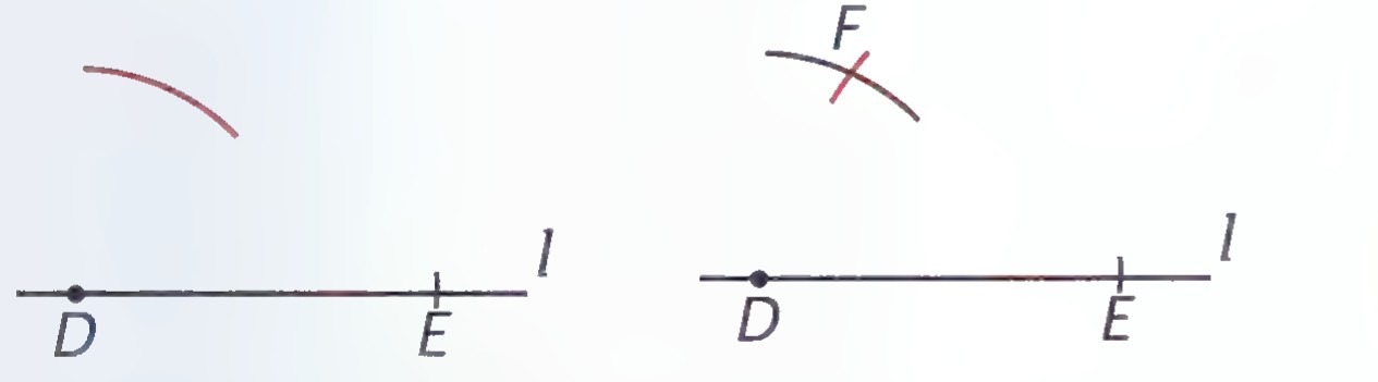Three panels: an arc from D of radius AC, an arc from E of radius BC meeting it at F, and the completed triangle DEF.
