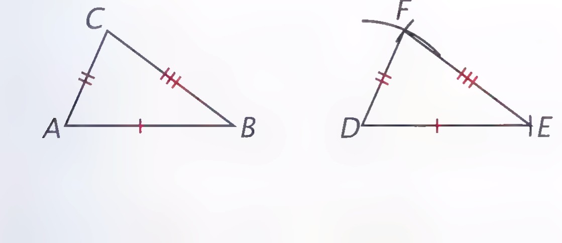 Triangles ABC and DEF with corresponding sides marked equal.