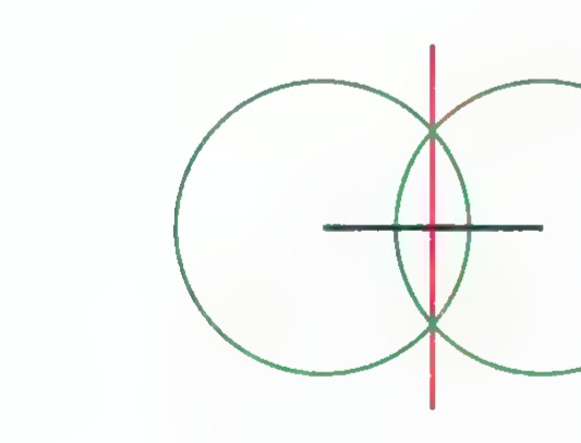Two overlapping circles of equal radius with the line through their intersections and the segment joining their centers drawn.
