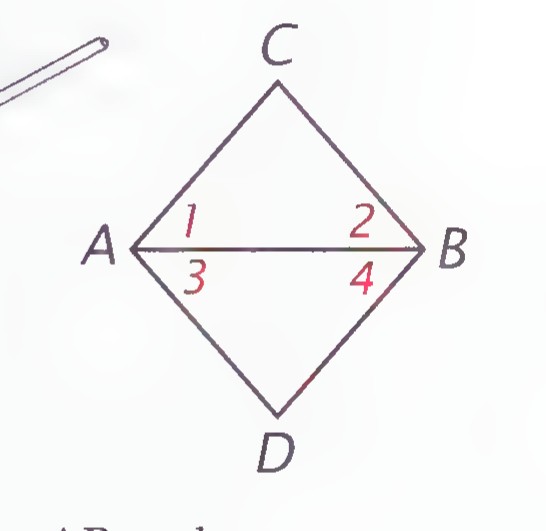 A rhombus ABCD with diagonal AB drawn and angles 1, 2, 3, 4 marked.