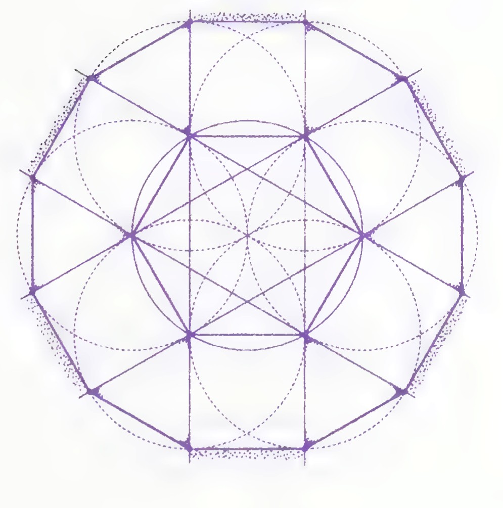 A drawing of twelve overlapping circles arranged around a central circle, with a twelve-pointed star and connecting lines.