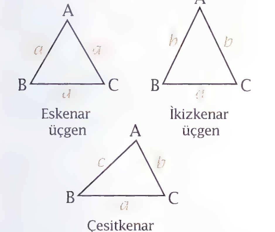 Three triangles labeled in Turkish: eşkenar üçgen (equilateral), ikizkenar üçgen (isosceles), and çeşitkenar üçgen (scalene), with their sides marked a, b, c.