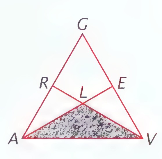 An equilateral triangle AVG with points R, L, and E where angle bisectors meet, and a shaded pile of gravel along the base.