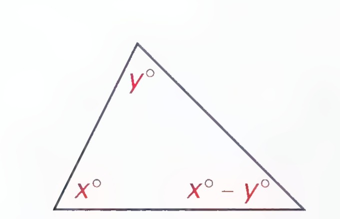 A triangle with angles x° and x° − y° at the base and y° at the top.
