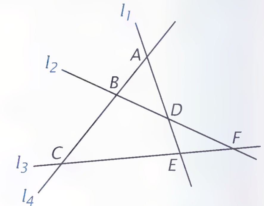 Four lines intersecting in six points labeled A through F.