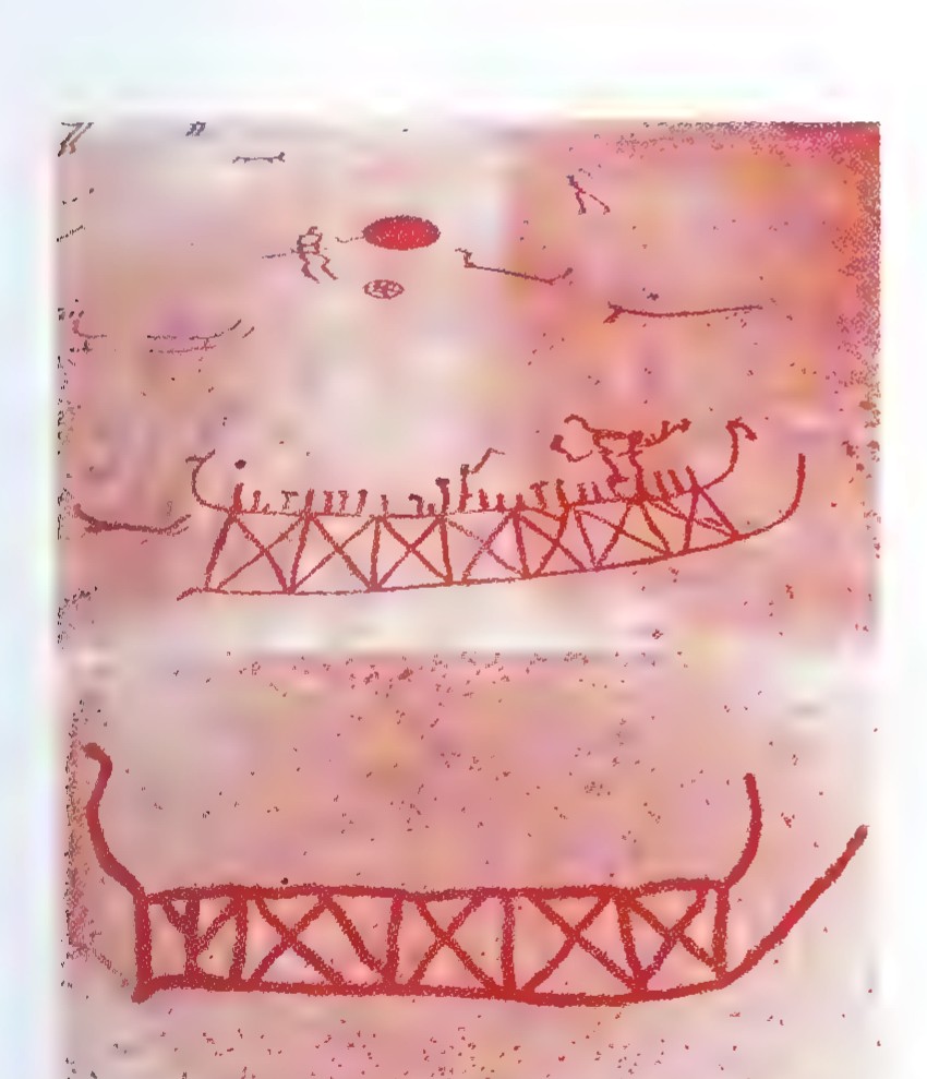 Two photographs of ancient rock carvings in Sweden showing a sled or boat with cross-braced square panels.
