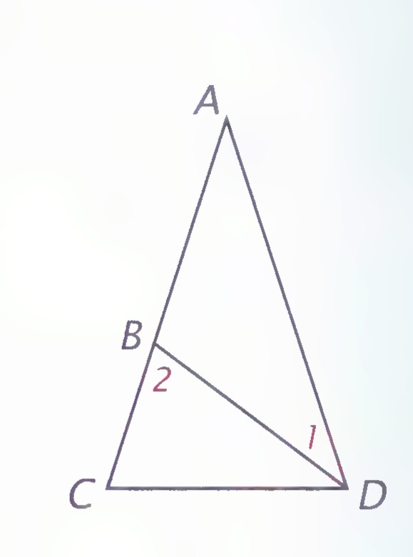 Triangle ACD with B on AC and segment BD drawn, angles 1 and 2 marked.