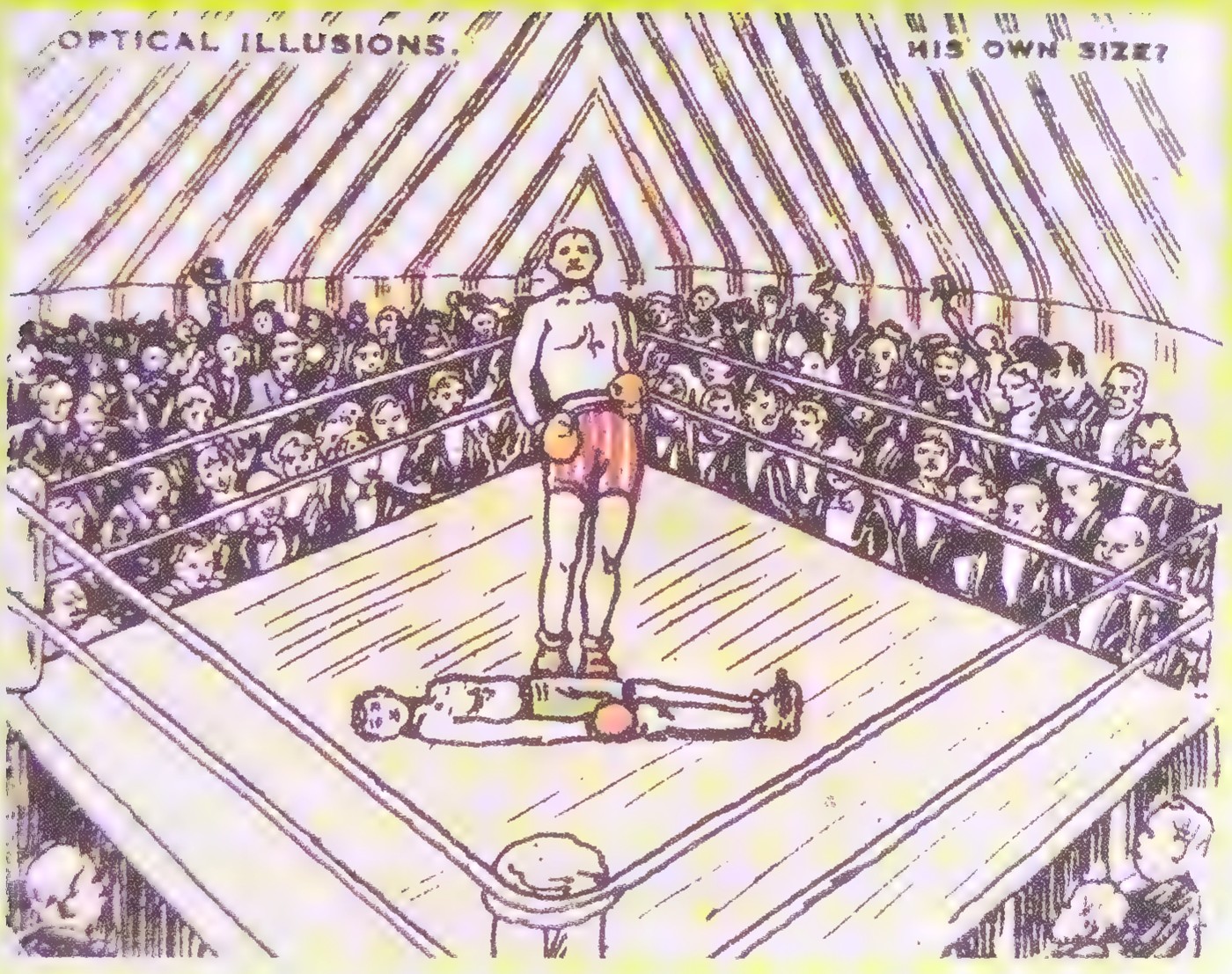 Drawing of a boxing ring in which a standing boxer appears much taller than a boxer lying on the canvas, although both are the same size.