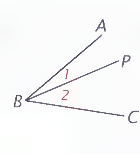 Three rays with common endpoint B: ray BA, ray BP between BA and BC, and ray BC, with angle 1 between BA and BP and angle 2 between BP and BC.