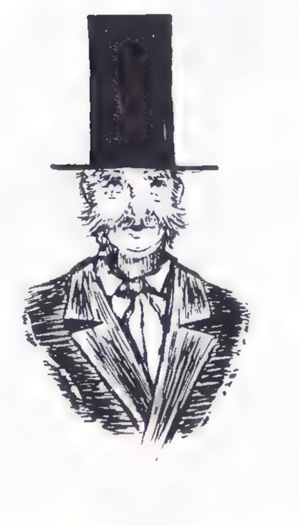 Drawing of a man in a tall top hat whose height looks much greater than the width of its brim.