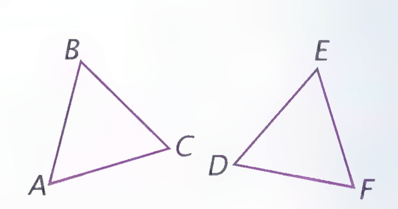 Two triangles: triangle ABC with AB longer than AC, and triangle DEF with DF shorter than EF, drawn to look almost equilateral.