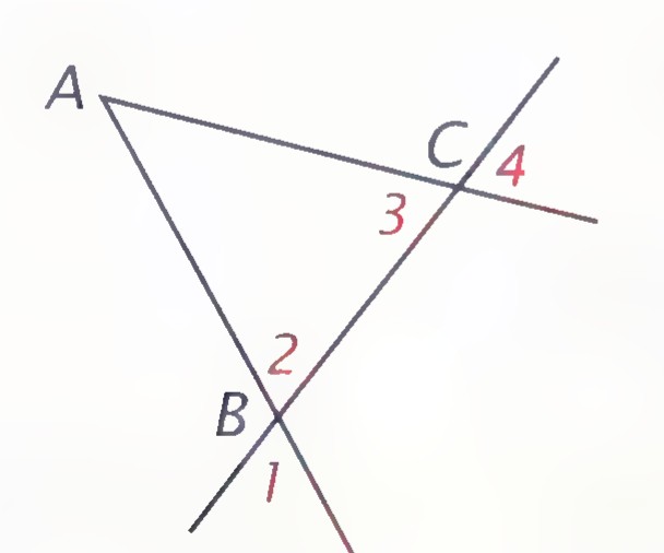 Two intersecting lines with points A and B on one line and point C on the other; angles 1 and 2 are vertical angles, as are angles 3 and 4.