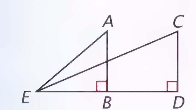 An eye at E looks along rays to the ends of two equal vertical segments AB and CD standing on a horizontal line, with right angles marked at B and D.