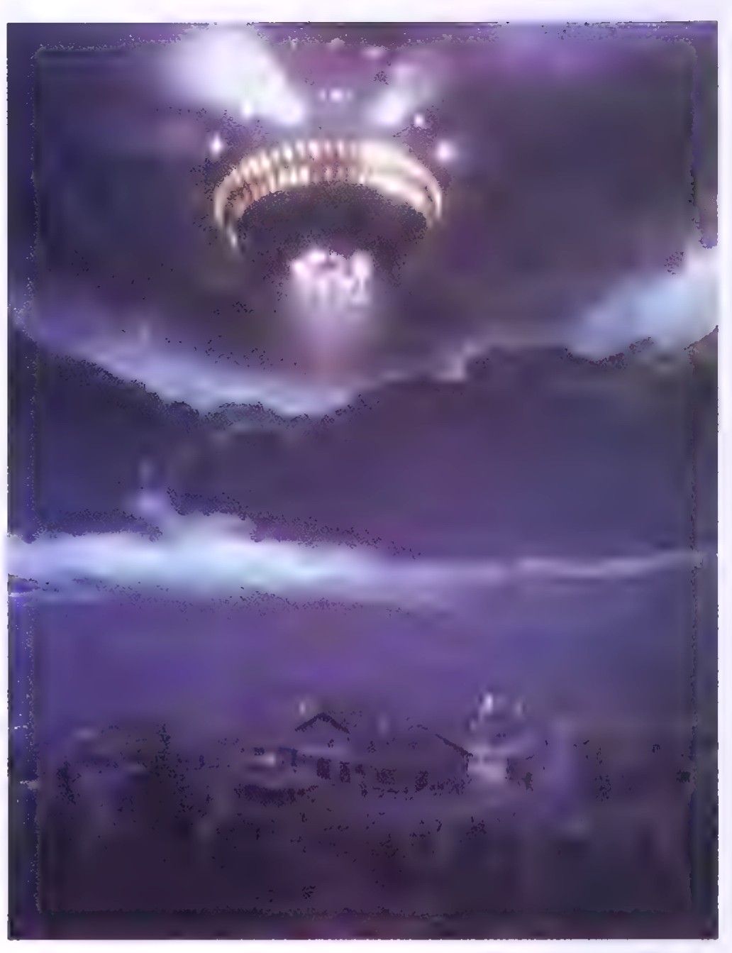 Photograph of a UFO, a saucer-shaped object with lights around its rim, hovering above a dark landscape.