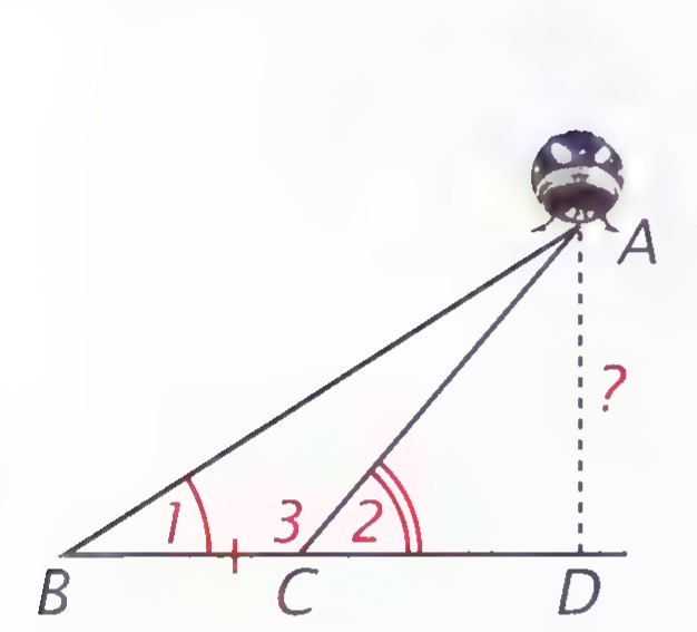 Diagram of a UFO at A above a horizontal line, with observers at B and C; angles of elevation 1 and 2 are marked and a dashed vertical segment labeled with a question mark gives its height above D.