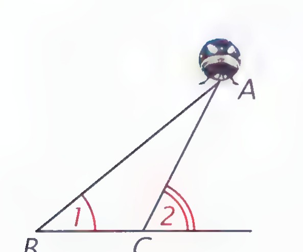 The same UFO diagram with the object moved higher: the angles of elevation 1 and 2 at B and C are both larger than before.