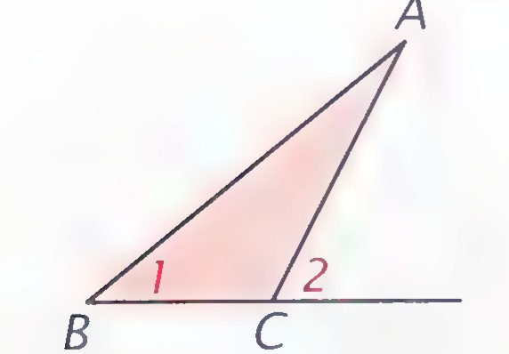 A larger triangle ABC formed by the observers and a more distant UFO, with interior angle 1 at B and exterior angle 2 at C.