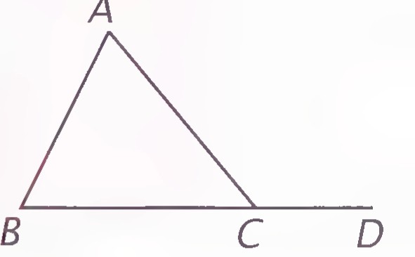 Triangle ABC with side AC extended to D, so that angle ACD is an exterior angle at C.