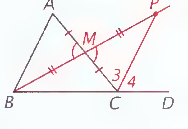Triangle ABC with AC extended to D; M is the midpoint of AC, P lies on line BM beyond M with BM = MP, and CP is drawn, forming angles 3 and 4 at C and equal angles at M.