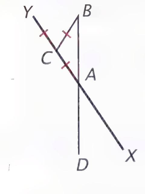 Line drawing of the garage door mechanism: door XY pivots at Y, pin A slides in vertical channel BD, and point C on the door is marked, with CA = CB = CY.