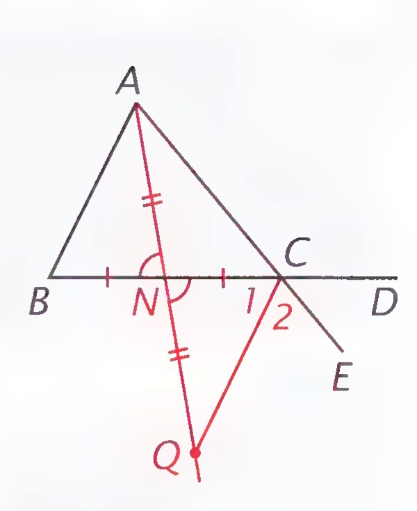 Triangle ABC with AC extended to D and E; N is the midpoint of BC, Q lies on line AN beyond N with AN = NQ, and angles B, 1, and 2 are marked.