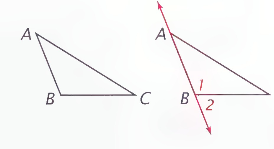 Two views of triangle ABC: at the left the triangle with side BC extended, and at the right the same triangle with side AB extended past B and BC extended past C, marking exterior angles 1 and 2.
